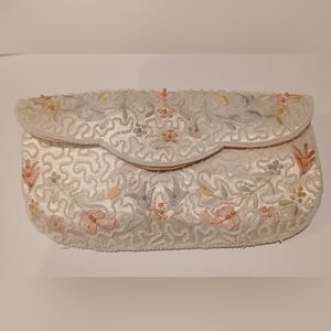 Vintage Richere White Beaded/Embroidered Satin Clutch